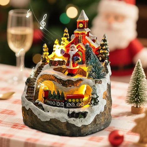 Julby med ljus, musikalisk julstad med ett roterande tåg och ljusshow, en julbyljusshow, LED-julstad Santa Claus (1/5)