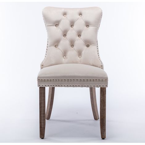 Chaise de salle à manger moderne en velours beige avec dossier haut et pieds en bois massif - Lot de 2 (1/5)