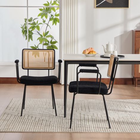 Pack de 2 sillas de comedor, sillones de mesa vintage con reposabrazos para salón, estructura de madera maciza y respaldo efecto ratán, negro (1/5)