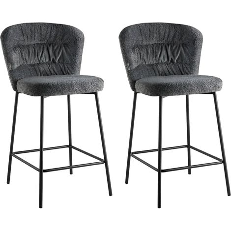 Set 2 Sgabelli da Interno Imbottiti in Tessuto Teddy Grigio Gambe Nere