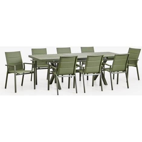SKLUM Karena rechteckiges ausziehbares Tischset 180-240x90 cm und 8 stapelbare Gartenstühle mit Aluminiumarmlehnen Tiefes Grün Olive                                  