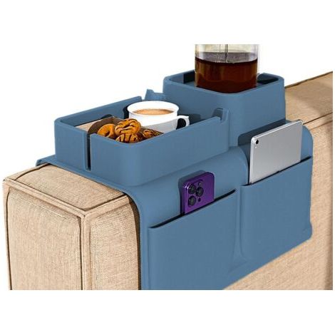 Plateau porte-gobelet pour canapé, plateau d'accoudoir avec porte-gobelet et poche latérale - Bleu (1/4)