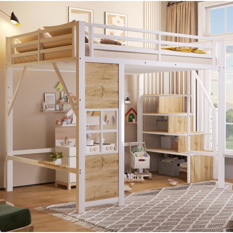 Letto a castello 140/200 cm bianco con scala contenitore e spazio aperto, design salvaspazio per bambini (1/5)