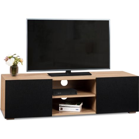Idmarket – Meuble TV 113 cm – Bois façon hêtre – 2 portes noires – Rangement pratique avec 2 espaces ouverts – Design moderne et élégant