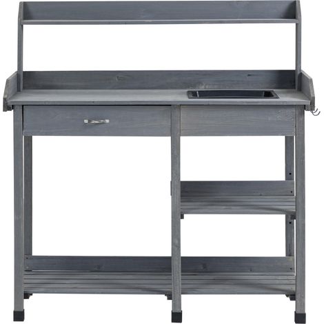 Table de rempotage multi-équipée table de jardinage avec tiroir, 3 étagères, évier, 3 crochets - table de plantation bois sapin pré-huilé gris (1/5)