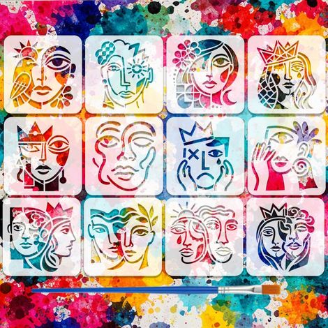 12 Pièces Pochoirs Motifs Visage Abstraits avec un Pinceau 10x10cm Pochoirs Peinture Soleil Lune Pochoir Oiseaux Fleurs Épées Feuilles Gabarit Thèmes Humains PET pour Bois Sol Mur DIY (1/5)