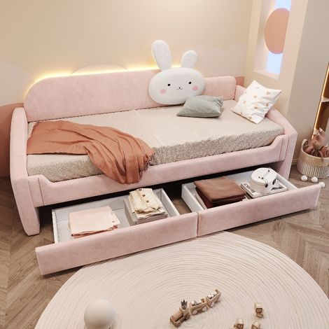 Kindersofa-Bett 90x200 cm mit Stauraum und LED-Beleuchtung, Polsterbett Kinderbett mit 2 Schubladen und Hasenkissen, Samtstoff Rosa (1/5)