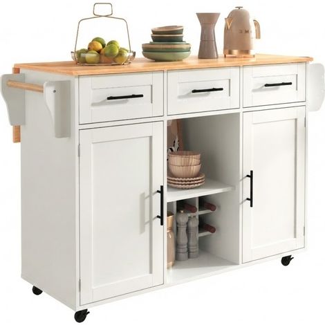 ELVMI Carro de Cocina con 3 Cajones, 3 Nichos y 1 Puerta, Encimera Abatible, Ruedas, Cocina, 139×46(71)×91,5 cm (1/5)