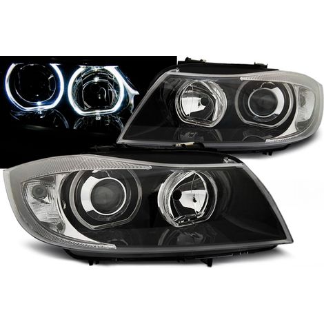 Paire de feux phares BMW serie 3 E90/E91 de 2005 a 2008 angel eyes led noir-27361185 (1/4)