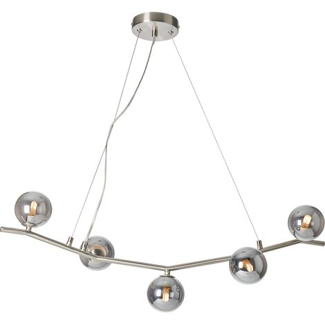 Litecraft Ceiling Pendant Bar 5 Light With Smoke Glass Ball Shades - Satin Nickel (1/5)