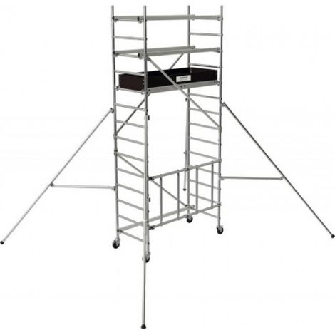 Tubesca Comabi – Échafaudage roulant aluminium Runner – Hauteur d'accès max 7,60 m – Plateau 148 x 58 cm – Roues pivotantes avec freins – Conforme EN 1004-1