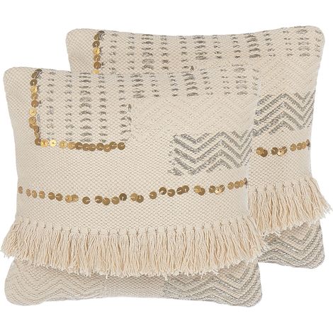 Conjunto de cojines decorativos beige 45 x 45 cm con borlas accesorio vintage boho Vayali