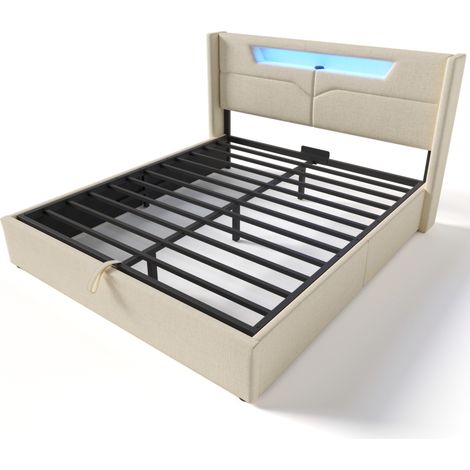Cama doble capitoné 160x200 cm de lino con LED y puertos USB Type-C, canapé beige (1/5)