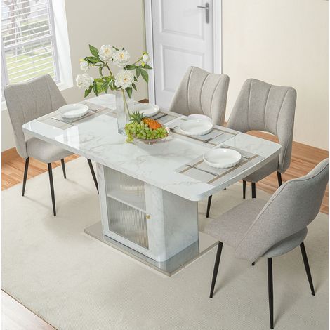 Table à manger extensible 120/160 cm blanche avec rangement et plateau effet marbre (1/5)