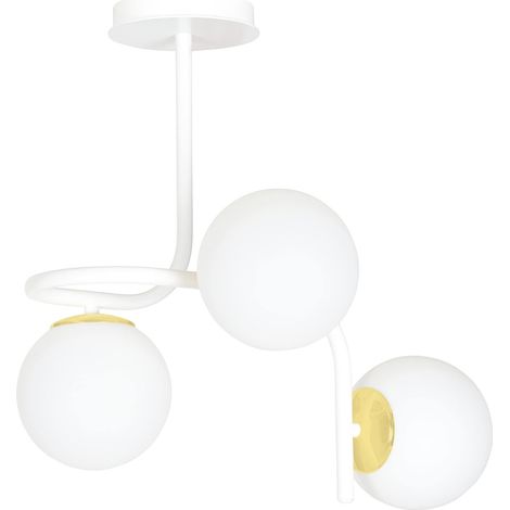 Lampadario 3 Luci Kalf In Acciaio Bianco A Bracci E Sfere In Vetro Opalino E Oro (1/5)
