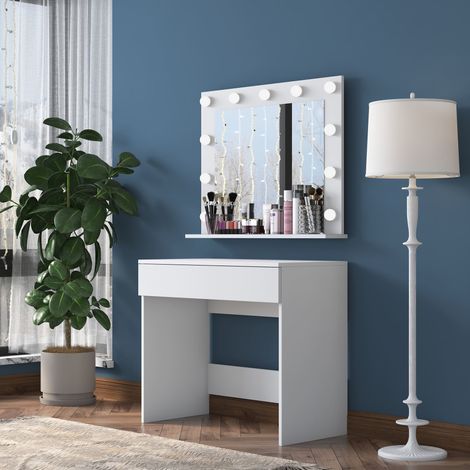 Toeletta Veggiano, Mueble de Tocador con Espejo, un Cajón, Luces Incluidas, 90x45x77h cm Blanco (1/5)