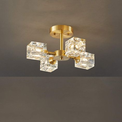 Lustre de plafond en laiton brossé à éclairage métallique moderne, abat-jour carré en cristal, lustre doré moderne, adapté à la chambre à coucher, au salon et à la salle à manger (4 têtes, lumières tr (1/5)