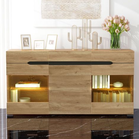 Buffet LED 140x35x80 cm, Enfilade moderne de salon avec grand rangement, Bois et acrylique 3 portes 3 tiroirs, Chêne (1/5)