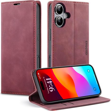 Custodia per iPhone 17, portafoglio vintage Erbord con patta, rosso (1/5)
