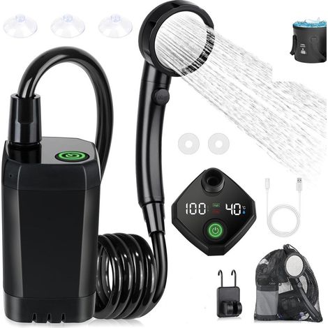 Tragbare Campingdusche (6000 mA), wiederaufladbare elektrische Outdoor-Dusche mit intelligenter Digitalanzeige, Schwarz