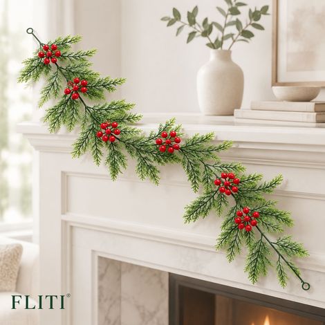 FLITI Artificial Cypress Christmas Garland 100cm with Red Berries for Fireplace and Table Decoration (1/5)