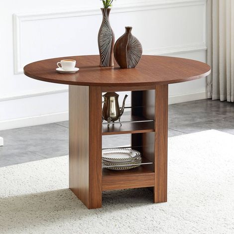 Table à manger ronde 100 cm imitation noyer avec rangements intégrés, 4-6 personnes (1/5)