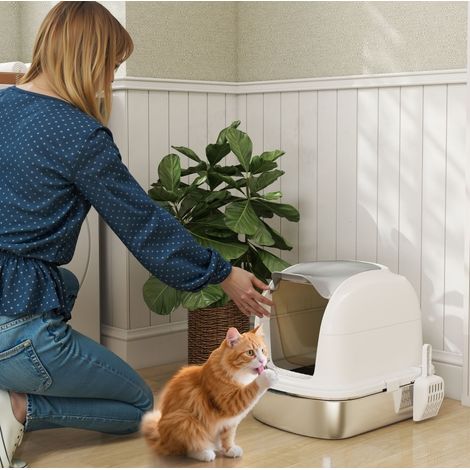 Katzentoilette aus Edelstahl mit Deckel, 52,4 x 41,3 x 42 cm, weiß, OKMYHOME (1/5)