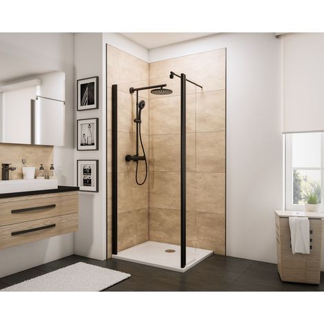 Paroi de douche à l'italienne avec retour pivotant, profilé noir, paroi fixe Walk In style industriel, NewStyle, Schulte, verre 5 mm transparent anticalcaire, 80 x 30 x 190 cm