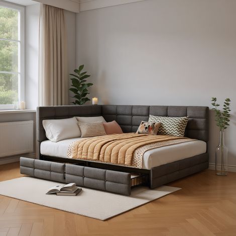 Polsterbett 140x200 cm mit Stauraum, Doppelbett mit LED und USB-Ladeanschlüssen,  Modernes Jugendbett in L-Form, Bettgestell mit Kopfteil und Lattenrost, Leinen Grau, Ohne Matratze