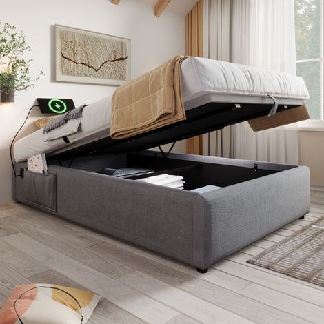 Cama individual 90x200 cm con USB-C sin cabecero algodón color gris(Sin Colchón) (1/5)