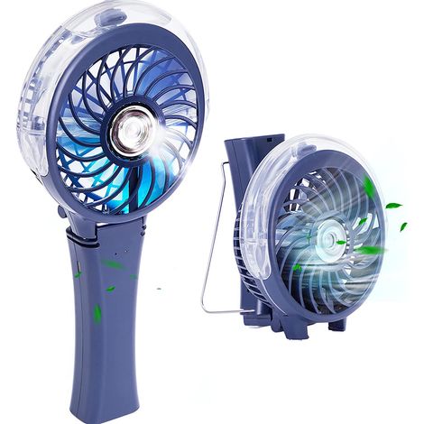 Tragbarer Handventilator mit Sprühfunktion, 7 farbigen Nachtlichtern (Königsblau)