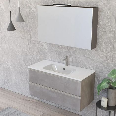 Mobile bagno sospeso 100 cm Master grigio cemento con specchio contenitore (1/5)