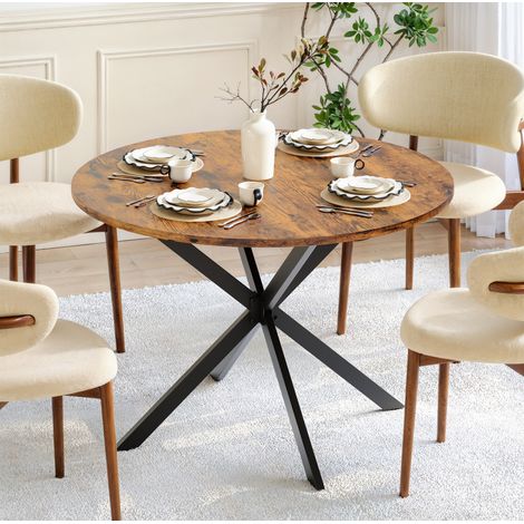 Tavolo da pranzo rotondo industriale Ø120 cm con gambe a X, effetto legno marrone vintage e nero (1/5)