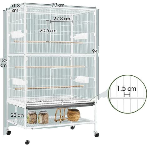 Cage à oiseaux, design carré, support roulant, BLANC, 52 x 78 x 132 cm (1/2)