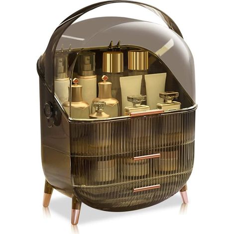 Organizador de maquillaje, caja expositora de cosméticos para el cuidado de la piel con tapa antipolvo, asa portátil, caja de maquillaje impermeable para tocador o cómoda. (1/5)
