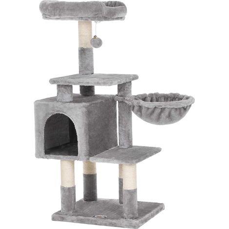Songmics – Arbre à chat multi-niveaux 110 cm – Niche et plateforme d'observation rembourrée – Base renforcée et kit anti-basculement – Gris clair
