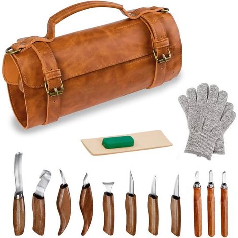 Holzschnitzset，8 Holzschnitzmesser，3 Präzisionsmesser，schnittfeste Handschuhe，Polierpaste und Ledertasche (1/2)