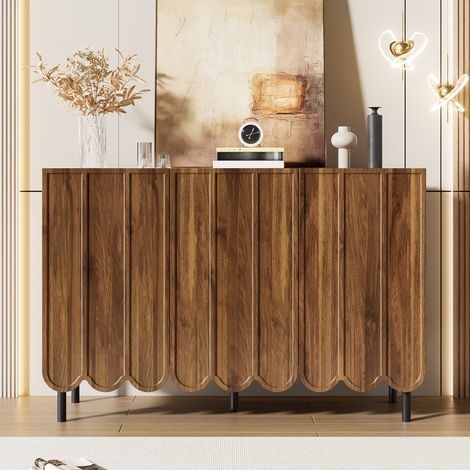 Buffet en bois moderne avec portes ondulées – 120x35x80 cm – sans poignées, étagères réglables – rangement pour salon, entrée et salle à manger (1/5)