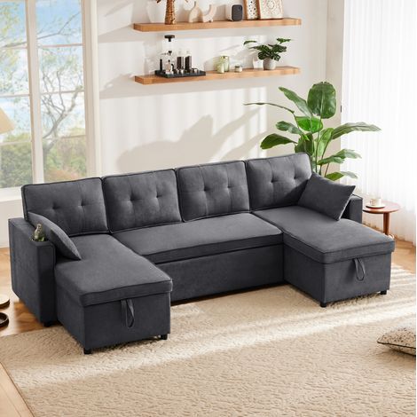 Divano letto a U 270x130x86 cm, trasformabile, con contenitori e portabicchieri, cotone lino grigio (1/5)
