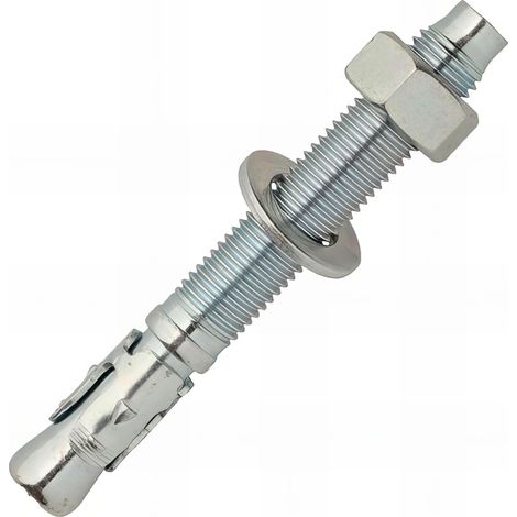 Boîte 25 Goujons d'ancrage acier zingué M12x120x40mm, Écrou et rondelle montés, Douille en 3 éléments, Acier haute résistance, Extrémité avec chanfrein protégeant le filetage lors de la pose