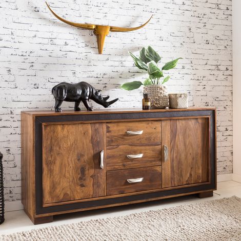 Buffet 2 portes 3 tiroirs 160x44x80 cm en sheesham et PU noir (1/5)