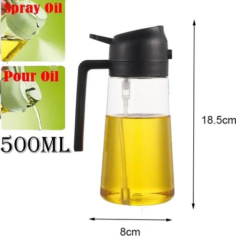 (2 utilisations, noir, 500 ml) Flacon pulvérisateur d'huile en plastique 2 en 1 de 500 ml, distributeur d'huile, burette à huile, outil de cuisine pour barbecue, pâtisserie, rôtissage et pique-nique (1/5)