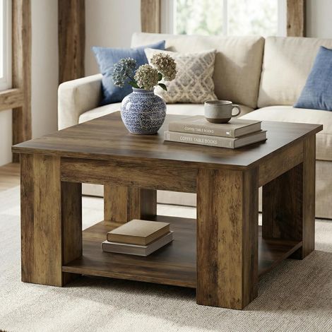 Tribesigns Table Basse, Table de Salon 80 cm avec Rangement 2 Niveaux, Meuble de d'Appoint Carrée de Style Fermière, pour Salon, Bureau à Domicile, Brun Rustique