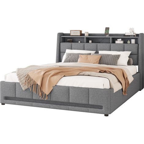 Lit double 140x200 cm avec tiroirs, LED d'ambiance APP, USB au chevet, rangements intégrés, sans matelas, tissu gris, pour chambre moderne - CHICFURN (1/5)