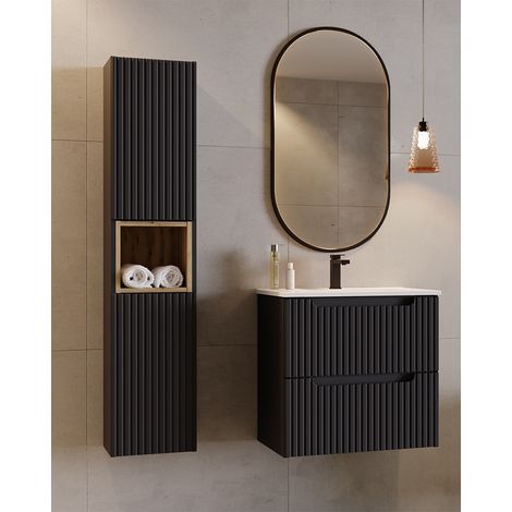 Badmöbel Set 3-teilig, 60cm Waschtisch, in schwarz mit Eiche, gerillte Front, NEWPORT-56-BLACK (1/5)