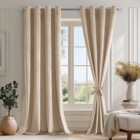 Rideau Velours 140L X 245H cm Lot de 2, Semi-Occultant Thermiques Rideau à Oeillets avec 2 Embrasses, Moderne Doux Luxurious Rideaux Velours pour Chambre, Salon, Bureau, Hôtel, Beige (1/5)