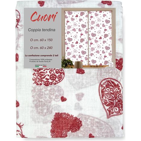 Coppia TENDINA a vetro Cuore Rosso larga cm. 60 da Finestra e da Porta COPPIA (2 TELI) CM. 60X150