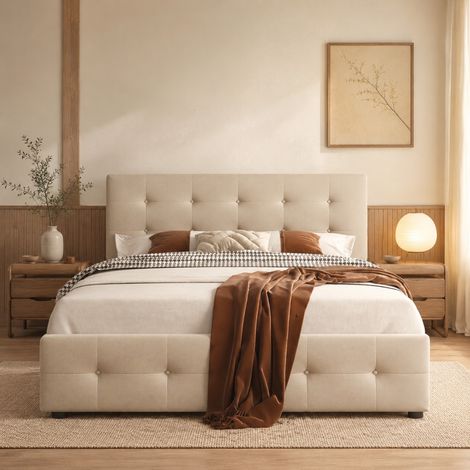 MEUBLIV Letto 140x200 cm beige - 4 cassetti e testiera, senza materasso (1/5)