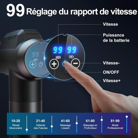 Pistola massaggiante professionale con 99 velocità regolabili, 6 accessori per il massaggio, schermo LCD, massaggiatore silenzioso per collo e schiena, ricarica tramite USB Type-C per alleviare il dol (1/4)