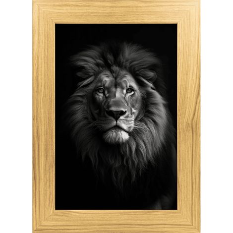 Tableau lion noir et blanc sur aluminium encadré bois 39x54 cm (1/5)